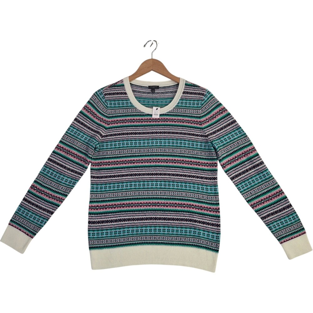 Talbots Petite Fair Isle Sweater Size MP Pink Green Blue Wool Blend Crewneck